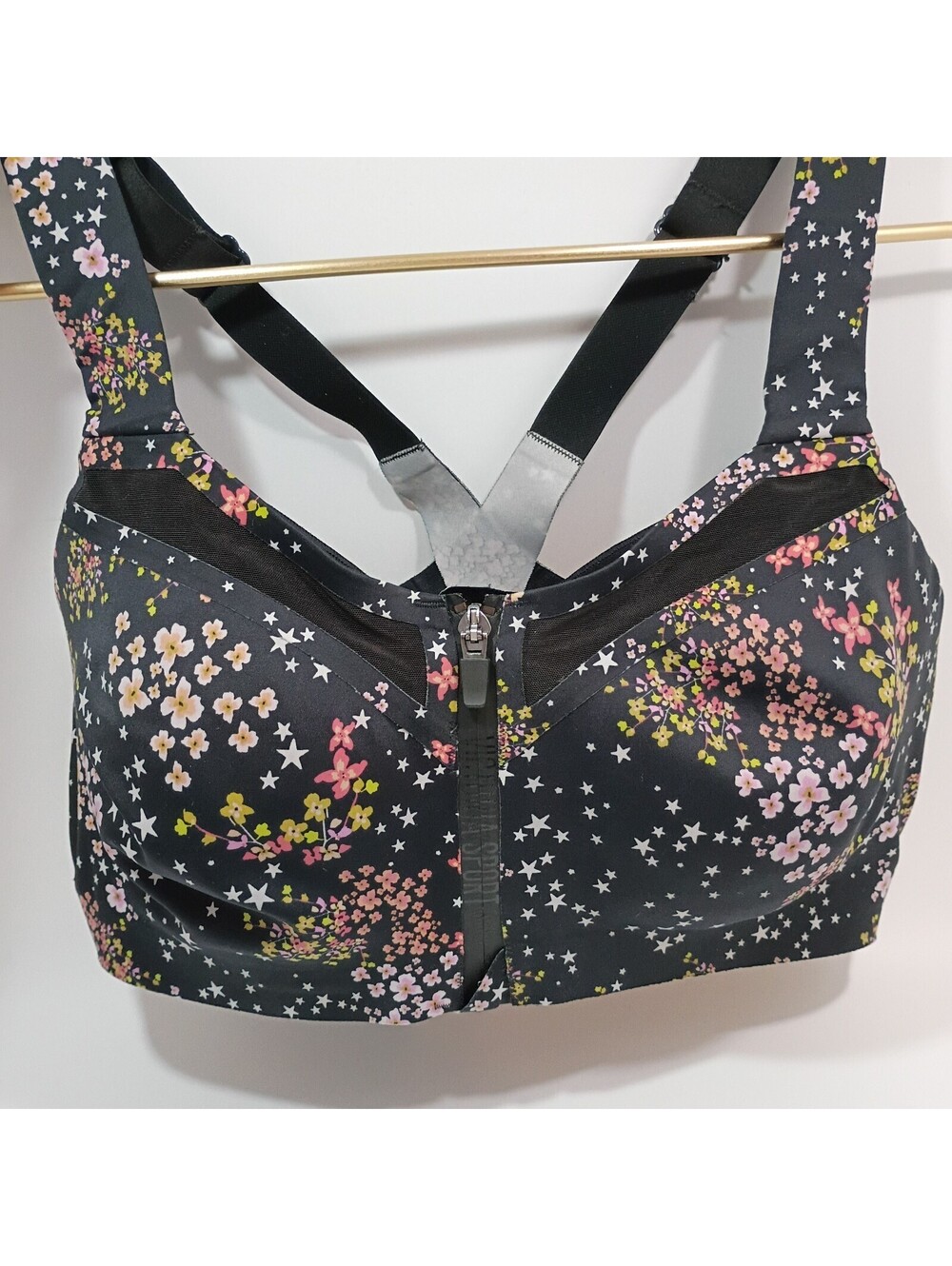Victoria’s Secret Sport Support Sports Bra Black Floral 34DDD Double Layer Zip